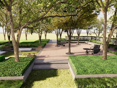 Serene Courtyard Garden Design With Lush Trees Paved Area Seating And Trimmed Hedges 3d model
