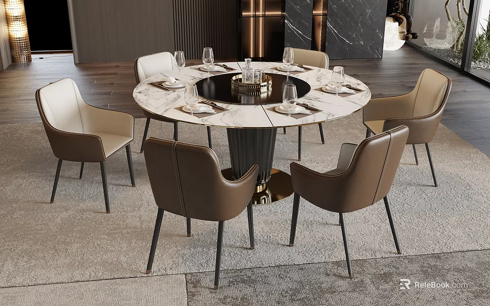 Modern Round Dining Table Set With Marble Top And Six Leather Chairs 3d model 