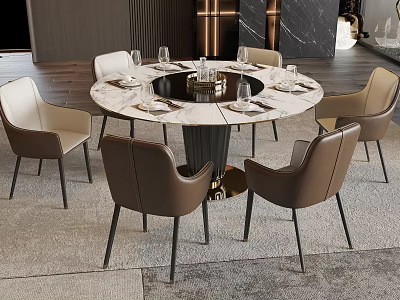 Modern Round Dining Table Set With Marble Top And Six Leather Chairs 3d model