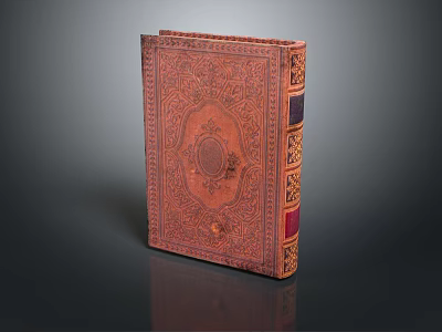 Antique Book with Intricate Carved Patterns on Brown Cover and Decorative Spine 3d model