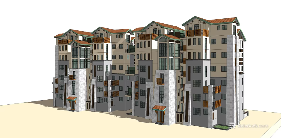 Multi Story Residential Buildings With Balconies Red Roofs And Mixed Wall Finishes 3d model 