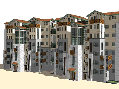 Multi Story Residential Buildings With Balconies Red Roofs And Mixed Wall Finishes 3d model
