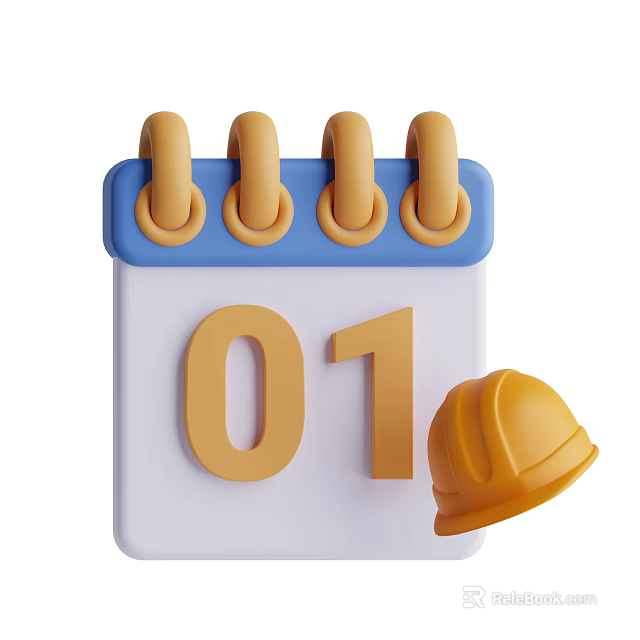 White Calendar With Blue Binding Rings Showing Date 01 Alongside Yellow Safety Helmet 3d model 