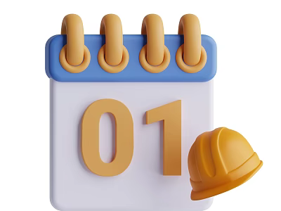 White Calendar With Blue Binding Rings Showing Date 01 Alongside Yellow Safety Helmet 3d model
