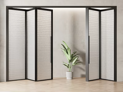 Modern Indoor Folding Door With Black Frame And Woven Texture Near Green Plant 3d model