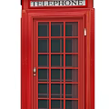 Classic Red Public Telephone Booth With Glass Panels And Yellow Button