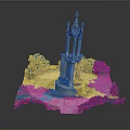 Decorative Tower Model With Circular Paved Ground And Surrounding Green Plants
