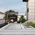 Modern Courtyard Garden Design With Wooden Deck Tables Chairs Green Trees Shrubs And Lanterns