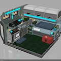 Compact Modern Living Space With Kitchen Bed Green Floor Bookshelf Red Box And Blue Lighting