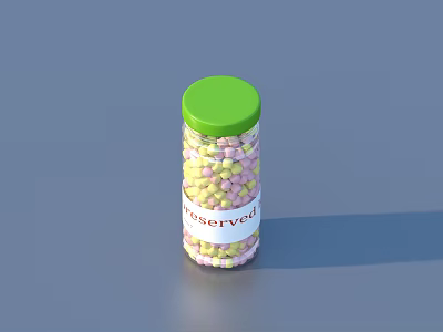 Colorful Marshmallows In Glass Jar With Green Lid And Reserved Label 3d model