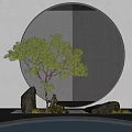 Minimalist Interior Landscape With Circular Decor Green Tree Stones And Water Basin