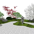 Traditional Garden Courtyard With Red Maple Cherry Blossom Trees Stone Lantern And Gravel Pathway