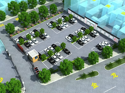 Well Planned Parking Lot Layout With Greenery Near Building And Parked Cars With Floor Markings 3d model