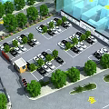 Well Planned Parking Lot Layout With Greenery Near Building And Parked Cars With Floor Markings