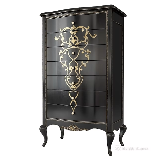 Black Chest of Drawers with Gold Ornate Patterns and Curved Legs Design 3d model 