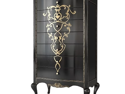 Black Chest of Drawers with Gold Ornate Patterns and Curved Legs Design 3d model