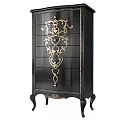 Black Chest of Drawers with Gold Ornate Patterns and Curved Legs Design
