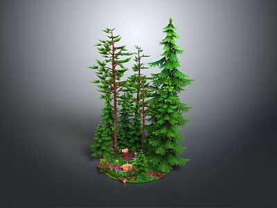 Enchanting Cartoon Scene With Tall Pine Trees Colorful Flowers And Mushrooms In Green Forest 3d model