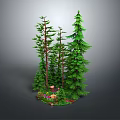 Enchanting Cartoon Scene With Tall Pine Trees Colorful Flowers And Mushrooms In Green Forest