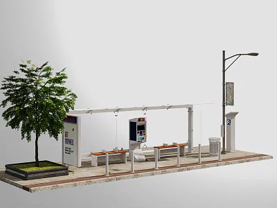 Urban Road Facilities Featuring Bus Stop Benches Ticket Machine Trash Can Street Lamp And Tree 3d model