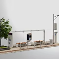 Urban Road Facilities Featuring Bus Stop Benches Ticket Machine Trash Can Street Lamp And Tree