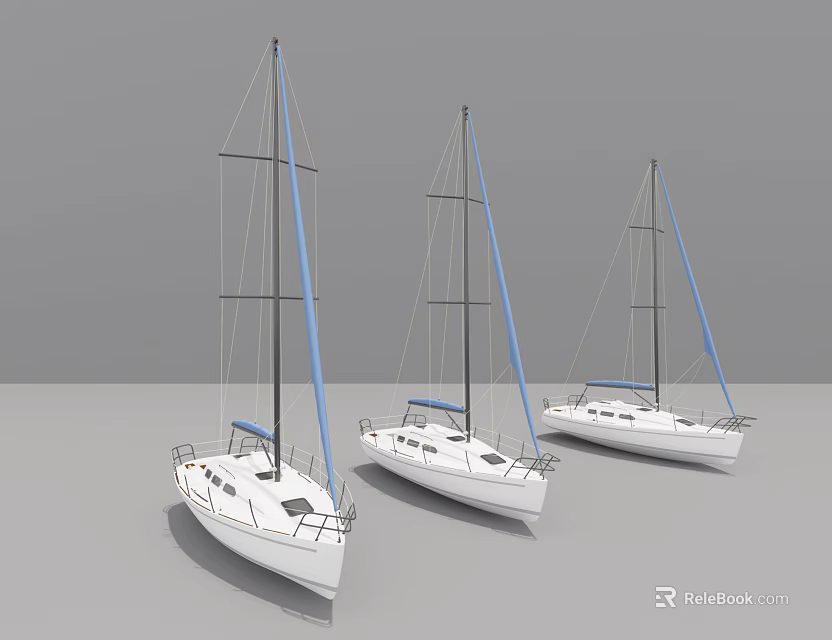 Three White Sailboats with Blue Sails Modern Design Display Scene 3d model