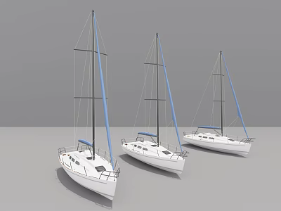 Three White Sailboats with Blue Sails Modern Design Display Scene 3d model