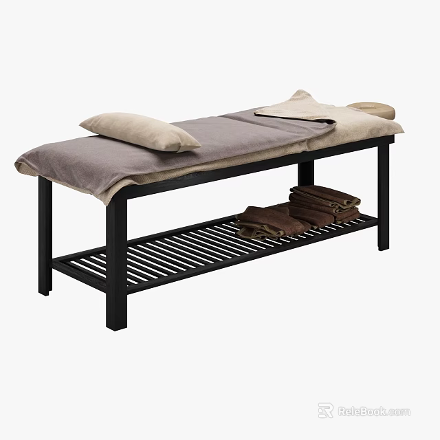 Massage Bed with Black Frame Gray Beige Blanket Pillows and Lower Shelf Stacked Towels 3d model 