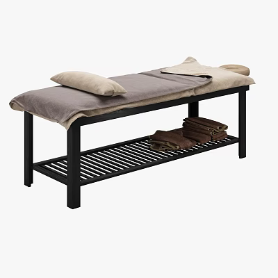 Massage Bed with Black Frame Gray Beige Blanket Pillows and Lower Shelf Stacked Towels 3d model