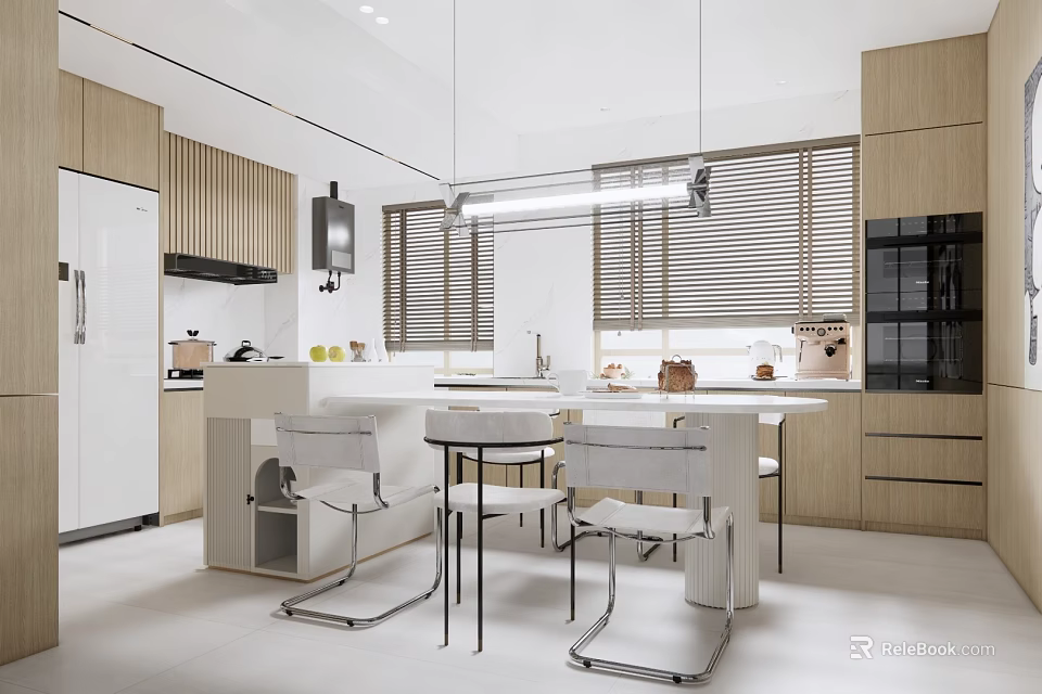 Modern Restaurant Open Kitchen Design With Wooden Cabinets White Island Chairs Pendant Lights And Blinds 3d model 