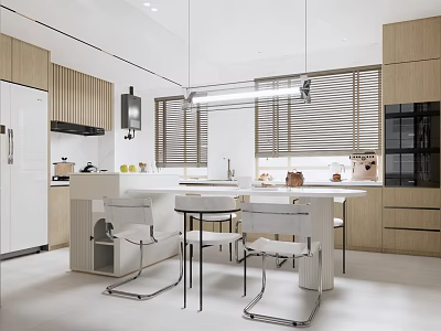Modern Restaurant Open Kitchen Design With Wooden Cabinets White Island Chairs Pendant Lights And Blinds 3d model