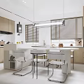 Modern Restaurant Open Kitchen Design With Wooden Cabinets White Island Chairs Pendant Lights And Blinds