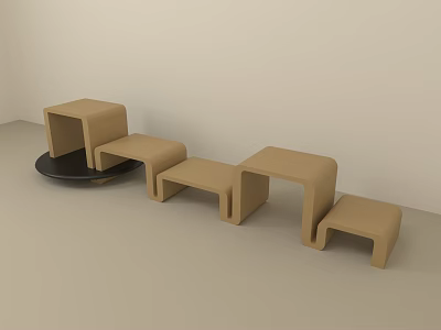 Beige Stools Various Shapes Square Curved in Light Colored Space with Black Round Small Table 3d model