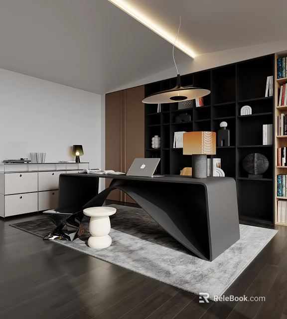 Modern Study Room Interior With Black Desk Wooden Bookshelf And Pendant Lighting 3d model 