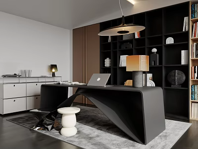Modern Study Room Interior With Black Desk Wooden Bookshelf And Pendant Lighting 3d model