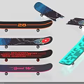 Colorful Skateboards With Various Designs And Text Graphics On White Background
