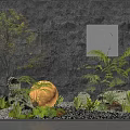 Karesansui Japanese Rock Garden With Stone Wall Circular Window Orange Sphere Green Plants And Gravel