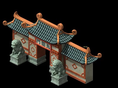 Traditional Chinese Archway Gate With Stone Lion Statues And Tile Roof 3d model