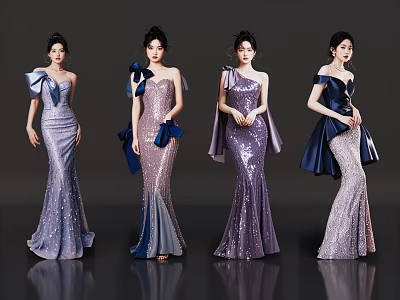 Women Wearing Sequin Dresses With Different Styles And Bow Decorations 3d model