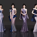 Women Wearing Sequin Dresses With Different Styles And Bow Decorations