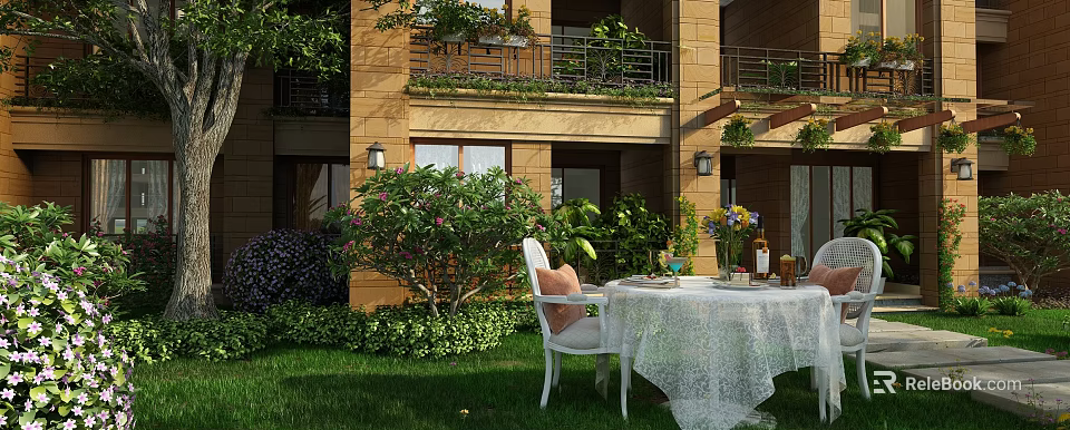 Outdoor Garden Landscape With Green Lawn White Dining Table Chairs And Lush Plants 3d model 