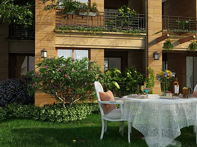 Outdoor Garden Landscape With Green Lawn White Dining Table Chairs And Lush Plants 3d model