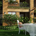 Outdoor Garden Landscape With Green Lawn White Dining Table Chairs And Lush Plants