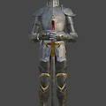 Medieval Knight Armor With Silver Metallic Finish Gold Accents And Red Sword Cross Emblem