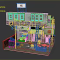 Cartoon Style Street Corner Scene With Two Story Building Billboards Parked Car And Colorful Clothesline