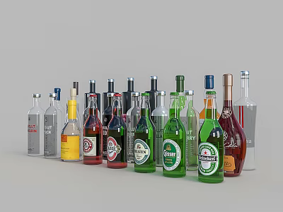 Assorted Colorful Wine Bottles and Glasses Arranged on White Background 3d model