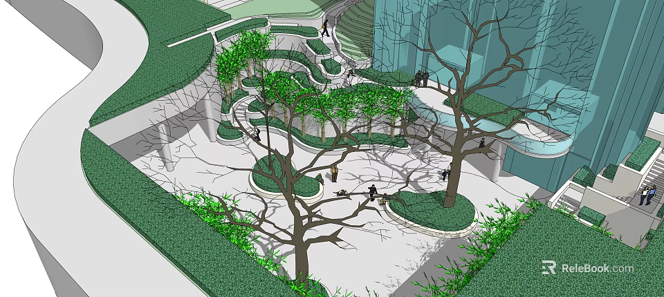 Modern Urban Landscape Garden with Winding Paths Trees and Green Seating Areas 3d model 
