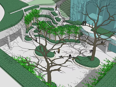 Modern Urban Landscape Garden with Winding Paths Trees and Green Seating Areas 3d model