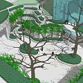 Modern Urban Landscape Garden with Winding Paths Trees and Green Seating Areas