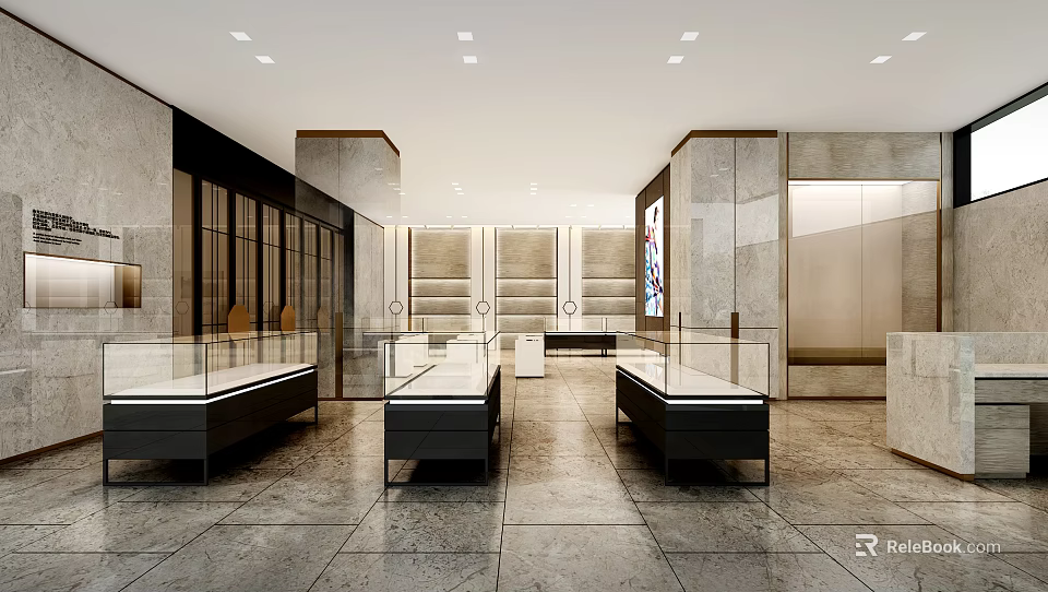 Luxury Boutique Store Interior With Glass Display Counters And Polished Marble Flooring 3d model 